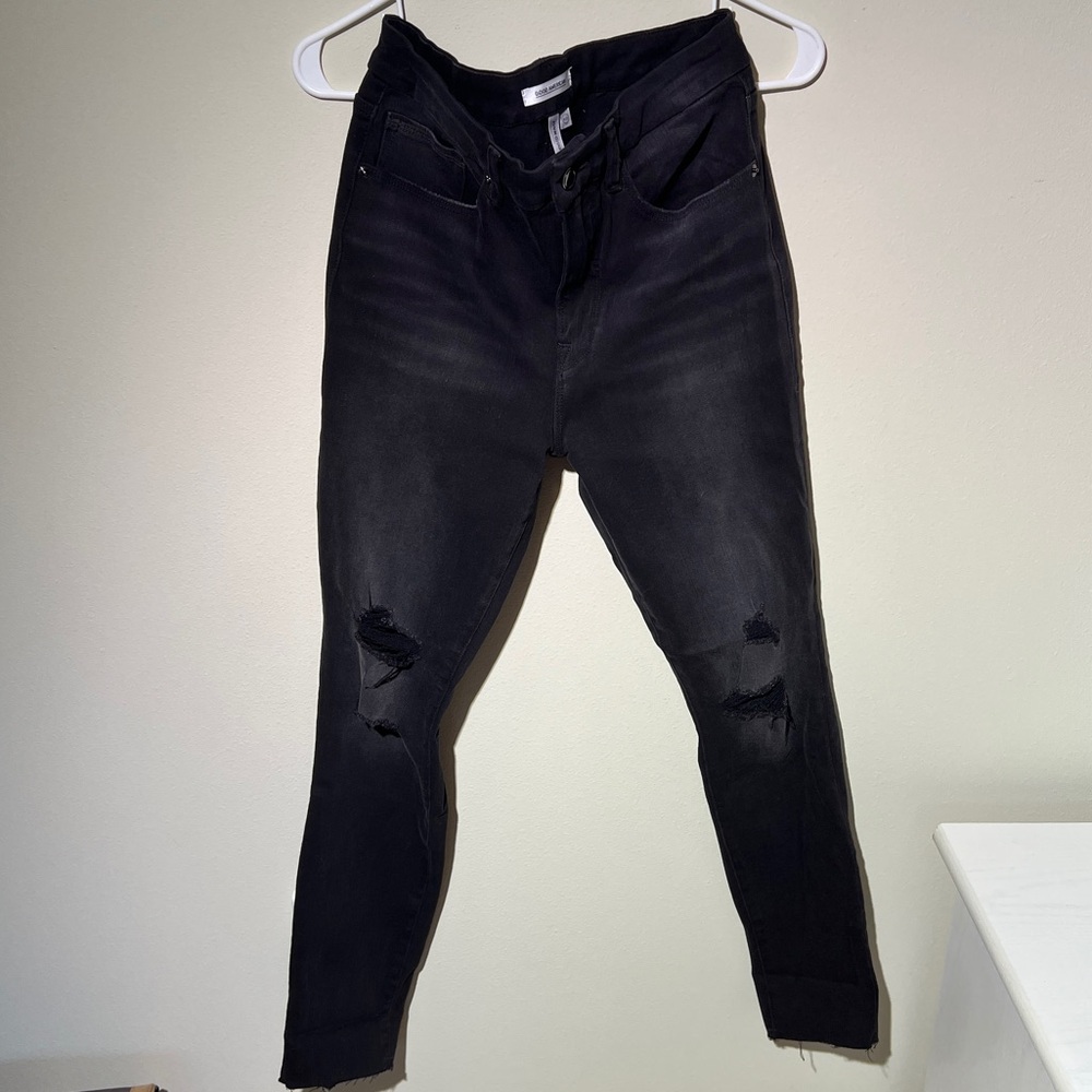 NWOT Good American Good Waist Distressed Stretchy Black Denim Jeans Sz 8